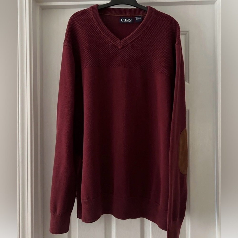 Chaps Sweater Mens 3XB Red Elbow Pads Patches Henley Knit Cotton